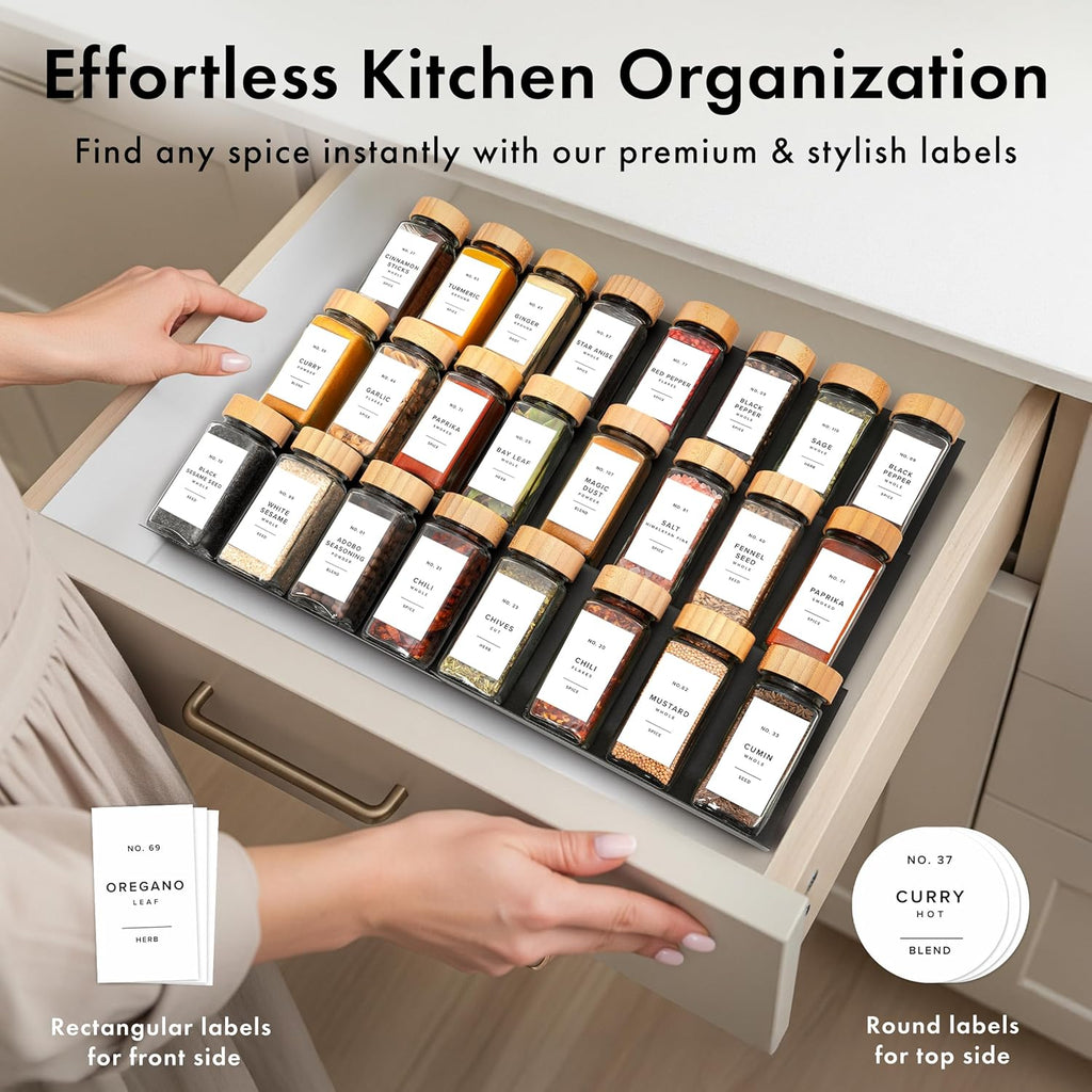 EDELHAUS® Square Spice Jars with Bamboo Wooden Lid (Pack of 36) Spice Jars with Shaker Insert and 240 Labels - Bamboo Lid Glass Container for Spice Organisation [4.3 in × 1.8 in]