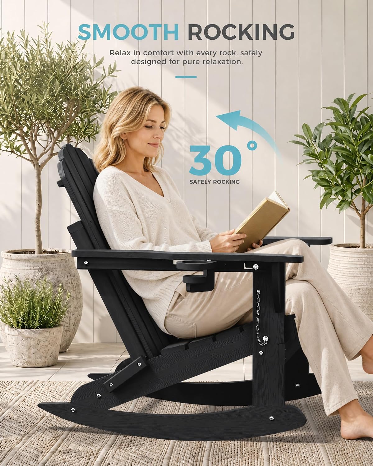 Ciokea Folding Adirondack Rocking Chairs Set of 2 with Retractable Ottoman, 4-in-1 Outdoor Adjustable Adirondack Chair with Cup Holders, HDPE Rocker for Porch, Deck, Patio, Poolside (Black)