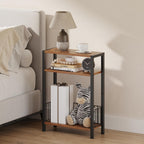 TRIFEBLE Narrow Side Table with Storage Basket, Small End Table for Small Spaces, Slim Sofa Table for Living Room, 3 Tier Bedside Table for Bedroom, Rustic Brown