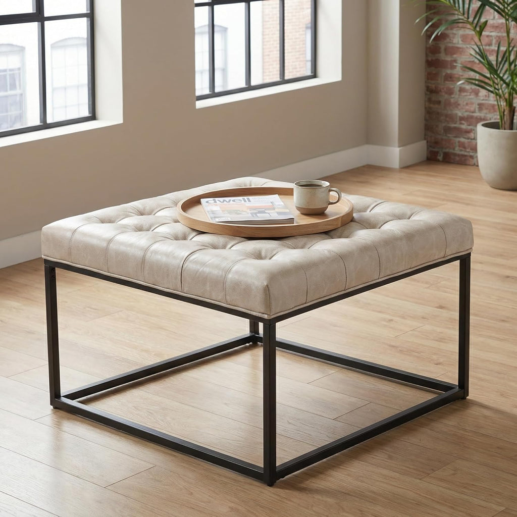 28" Square Ottoman, Faux Leahter Coffee Table for Living Room, Tufted Footrest with Metal Base, Mid Century Footstool for Couch, Small Vintage Ottoman for Apartment, Bedroom, Office, Ivory