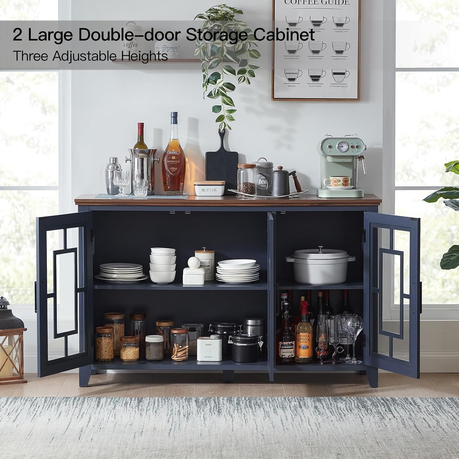 Joaxswe Large Sideboard Buffet Cabinet with Storage, 55" Farmhouse Credenza with 3 Glass Doors, Adjustable Shelves Console Table, Wood Kitchen Coffee Bar for Dining Room, Living Room, Navy Blue