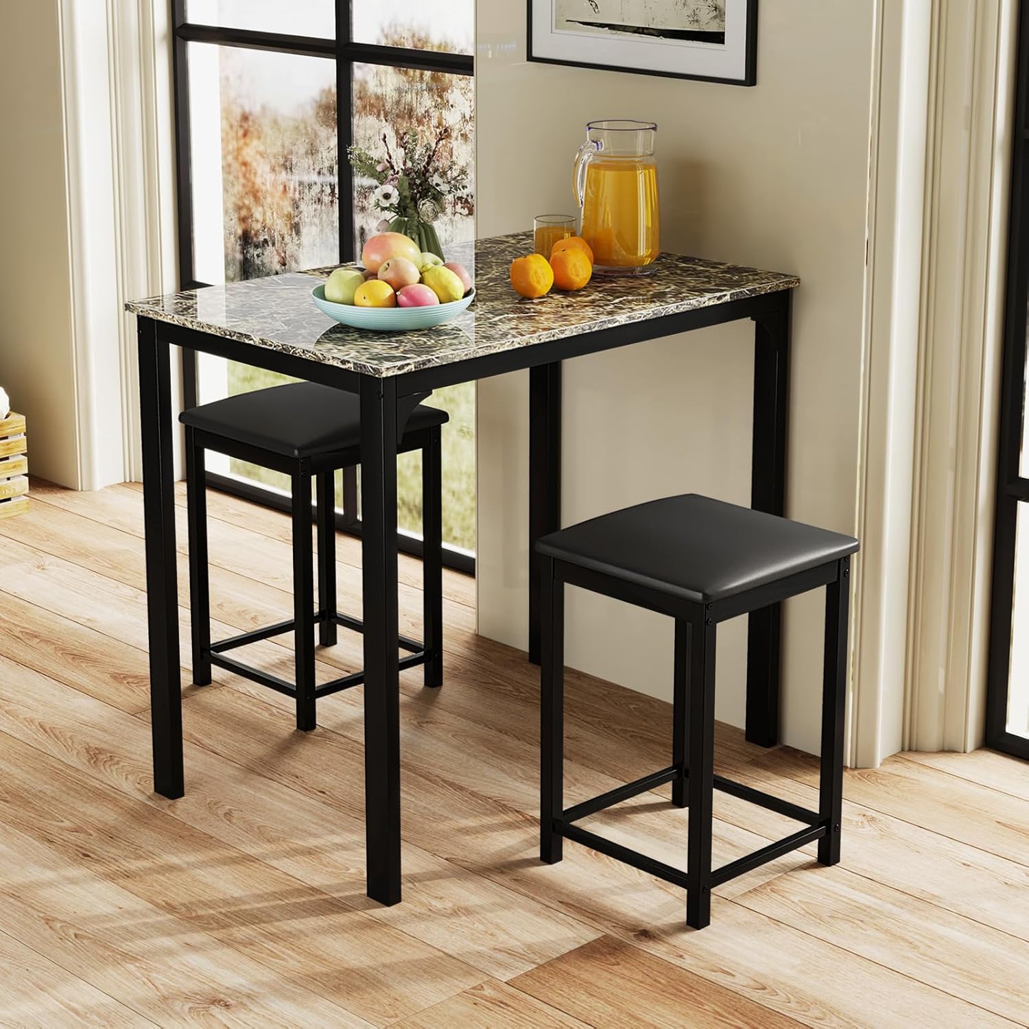 Giantex Dining Table Set for 2, Counter Height Bar Table with Faux Marble Pattern Tabletop, 2 Padded Bar Stools, Footrests, Metal Frame, Dinette Set for Kitchen Small Space Breakfast Nook Pub, Brown