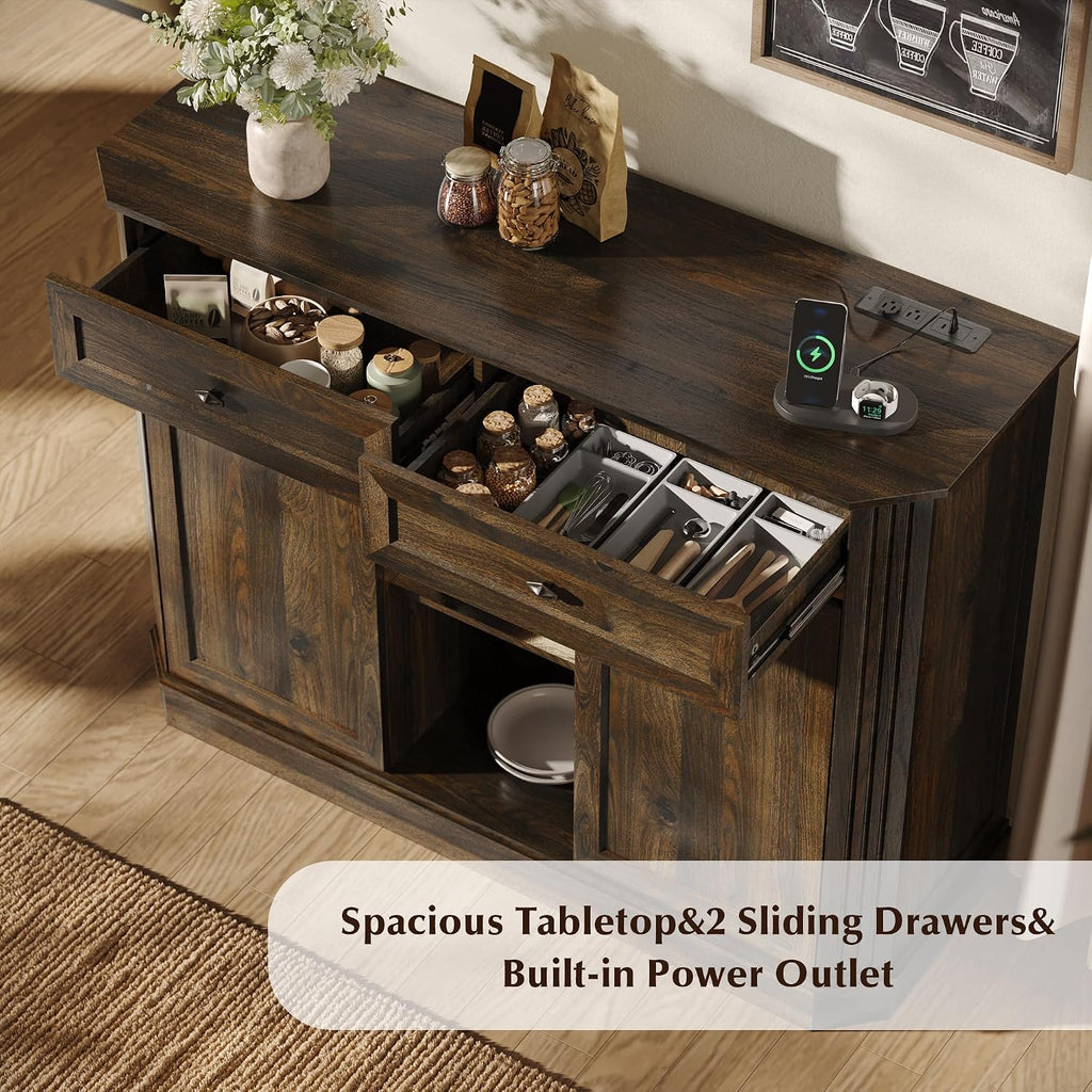 47" Wine Bar Cabinet with LED Light & Power Outlets, 2 Door Coffee Bar Cabinet with 2 Drawers, Sideboard Buffet Cabinet with Storage, Liquor Cabinet for Home Bar, Kitchen Living Room, Walnut Brown