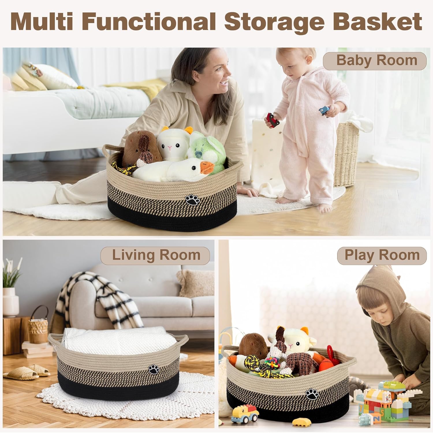 Optish 40L Extra Large Dog Toy Basket, XL Toy Storage Box and Bin with Handles, 20" x 14" x 9" Woven Cotton Rope Foldable Basket for Blankets, Living Room, Bedroom, Home Decor, Black & Brown