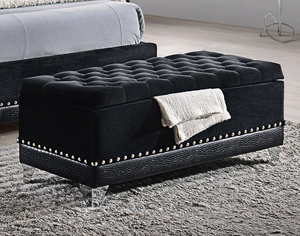 Coaster Home Furnishings - Barzini - Velvet Storage Bench with Button Tufting, Nailhead Trim and Chrome Steel Legs - Bedroom - 44-Inch - Black - 300644