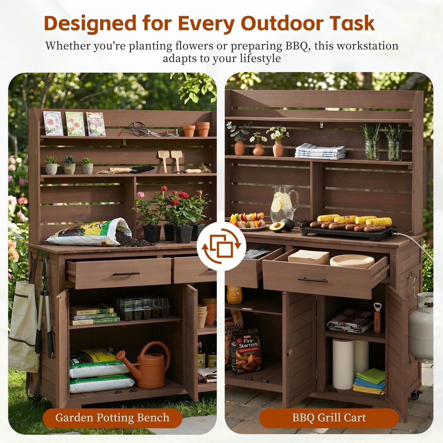 Large Garden Potting Bench with Storage Cabinet and Hutch Top