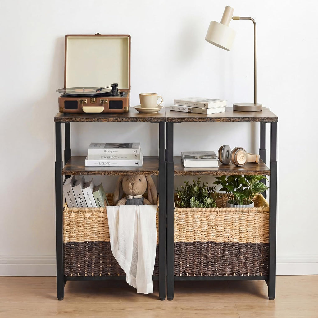 Side Table with Storage Basket, Small End Table with Modern Design and Adjustable Height for Living Room, Bedroom Nightstand Bedside Table for Small Spaces (Rustic Brown + Classic Black)