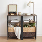 Side Table with Storage Basket, Small End Table with Modern Design and Adjustable Height for Living Room, Bedroom Nightstand Bedside Table for Small Spaces (Rustic Brown + Classic Black)