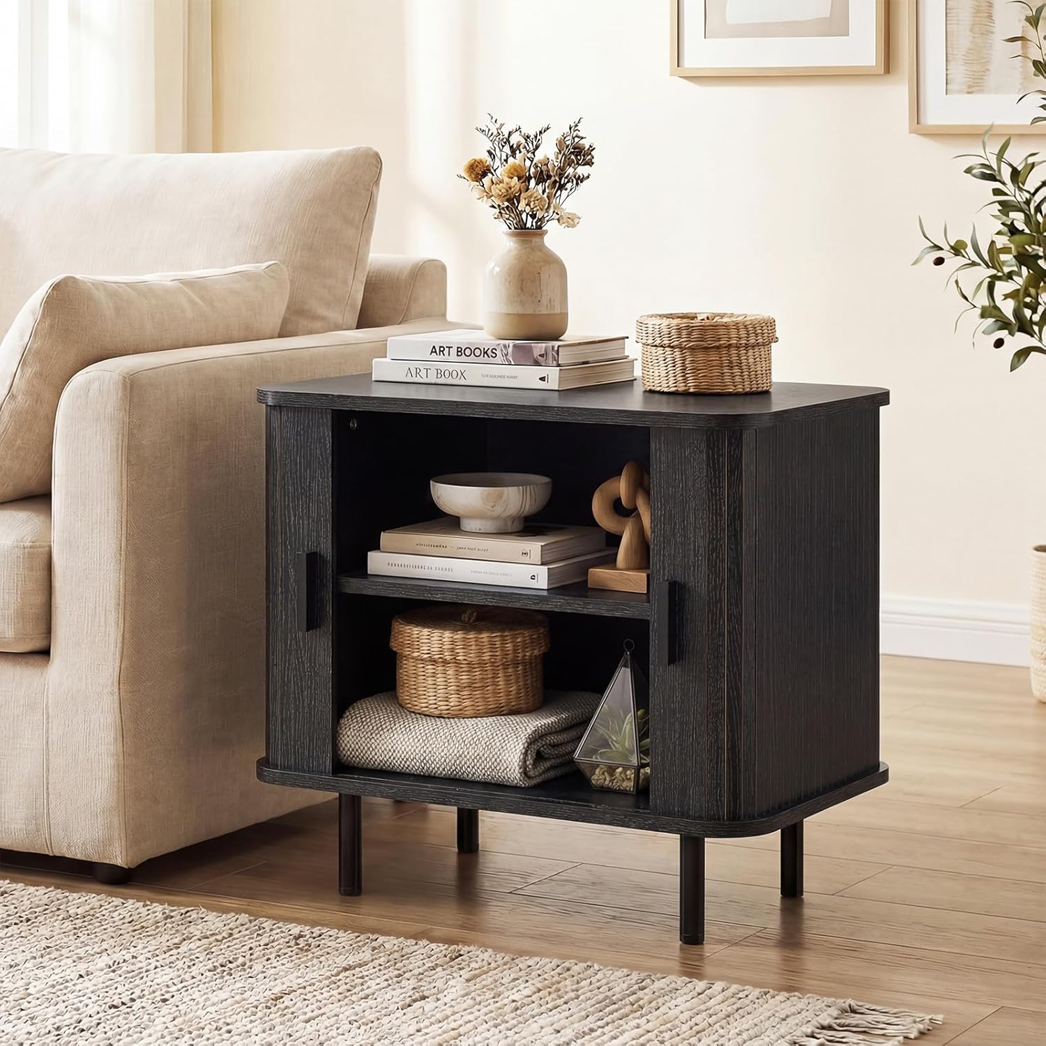 Giantex 24’’ Large End Table Set of 2, Mid Century Modern Nightstand w/Fluted Sliding Doors & Storage Shelves, Farmhouse Accent Bedside Night Stand, Wood Sofa Side Table for Living Room Bedroom, Black