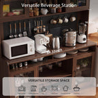 71" Tall Kitchen Pantry Storage Cabinet with LED Lights & Charging Station, Farmhouse Coffee Bar Cabinet with Adjustable Shelves & Pegboard, Pantry Cabinet with Countertop & Microwave Stand (Walnut)
