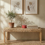 Indoor Bench Wicker for Entryway Bench, Wood Bench for Living Room Dining Bench or End of Bed Bench, 47" Boho Bench with Solid Wood Acacia & Natural Woven Seat, Rustic Farmhouse Rattan Hallway Bench