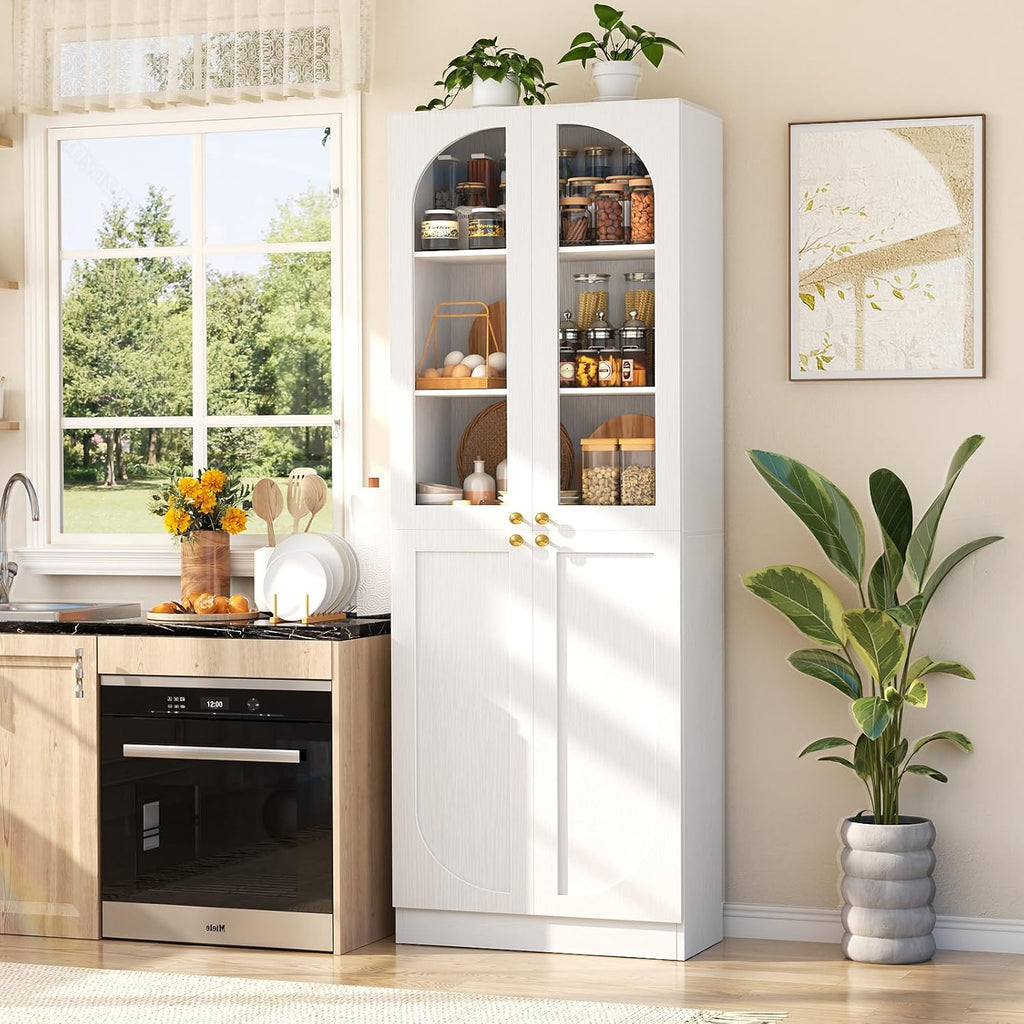 Cyclysio 80" Kitchen Pantry, Tall Arch Storage Cabinet with Tempered Glass & Soft Close Doors, Freestanding Wood Floor Cupboard Bookcase with Seamless Fit Wall for Dining Living Room, Bathroom (White)