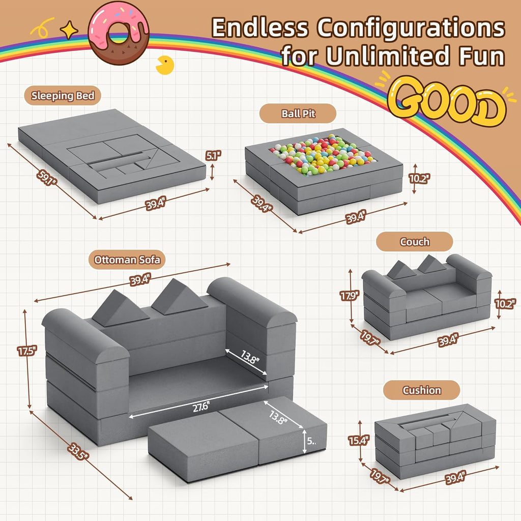 TOLEAD 11PCs Play Couch Sofa for Kids Imaginative Furniture Play Set for Creative Kids,Toddler to Teen Bedroom Furniture,Girls and Boys Playroom Sofa (Grey, 11PCs Play Couch)