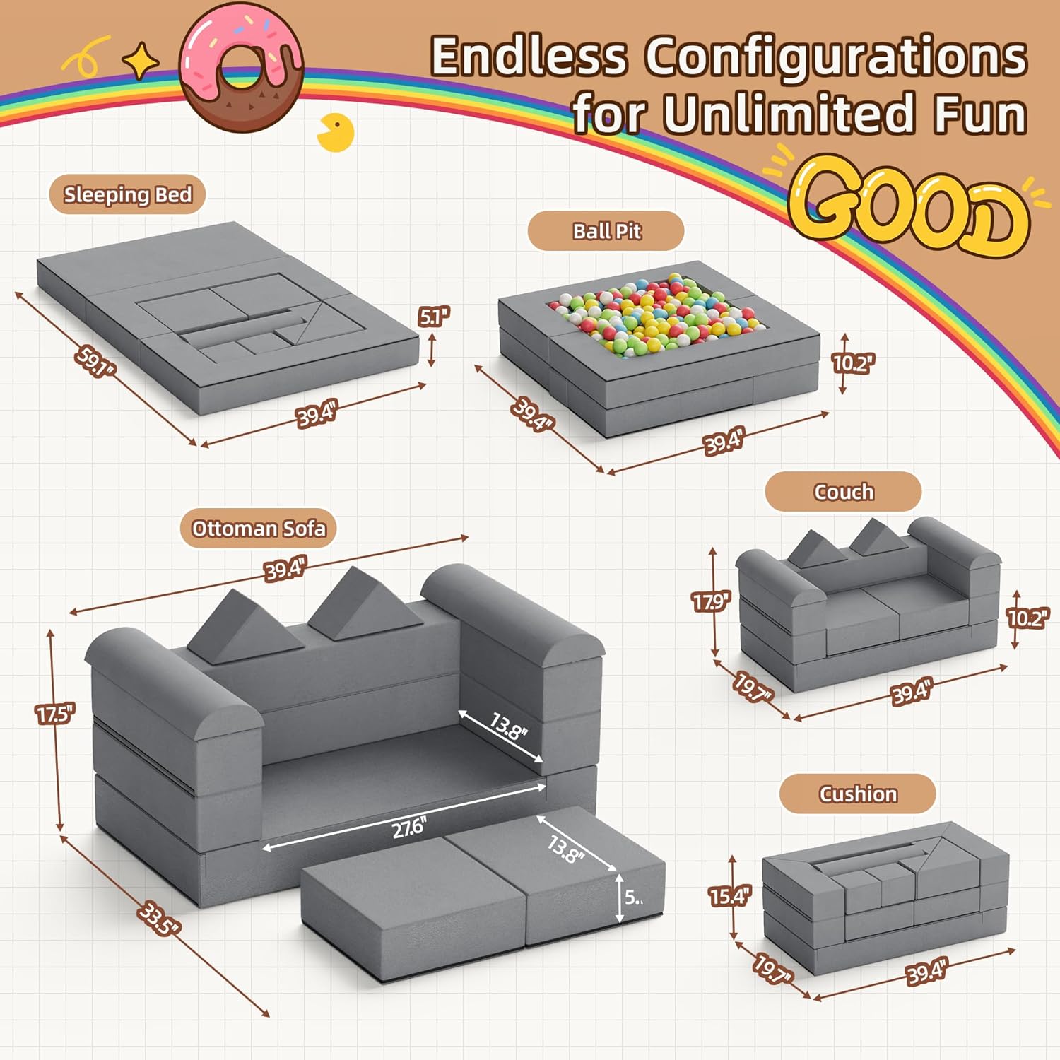 TOLEAD 11PCs Play Couch Sofa for Kids Imaginative Furniture Play Set for Creative Kids,Toddler to Teen Bedroom Furniture,Girls and Boys Playroom Sofa (Grey, 11PCs Play Couch)