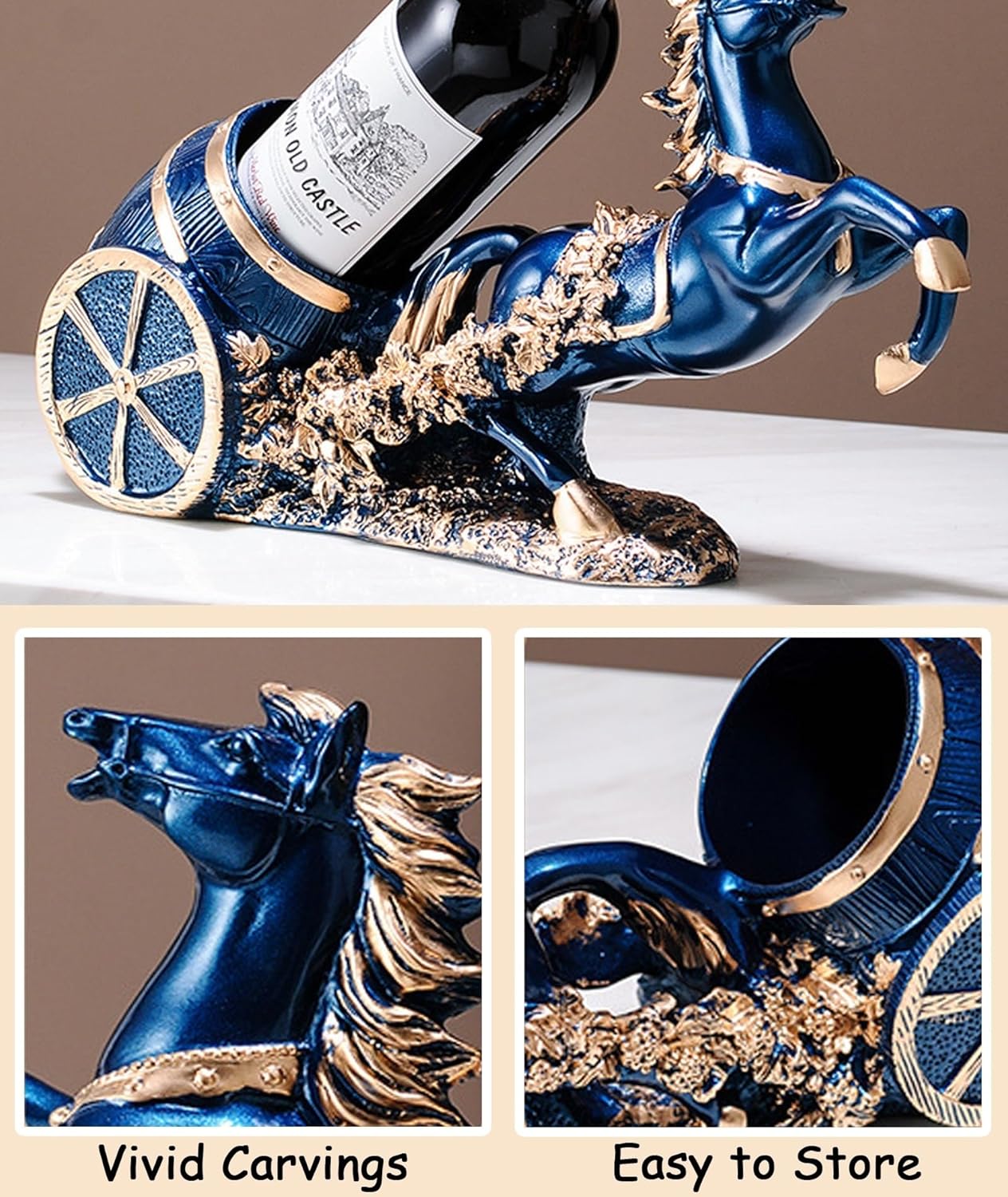 Horse Wine Bottle Holder,Decorative Wine Bottle Display,17.3x8.6x5.5in,Blue | Resin Sculpture Wine Racks Figurines for Kitchen/Cellar/Bar Decor Organizer,Year of the Horse 2026 Gifts for Housewarming
