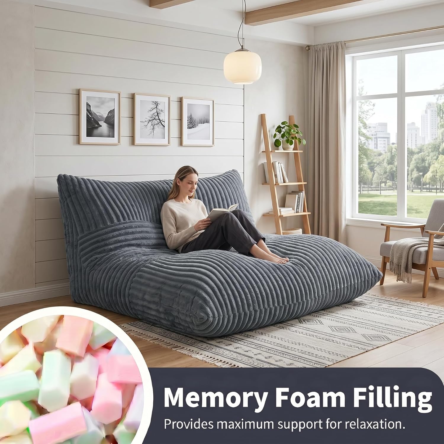 3 in 1 Bean Bag Chair with Memory Foam Filler, Beanbag Chairs for Adult with Washable Cover, Fluffy Oversize Bean Bag Chair Reading Lounger for Bedroom & Living Room (Dark Grey)