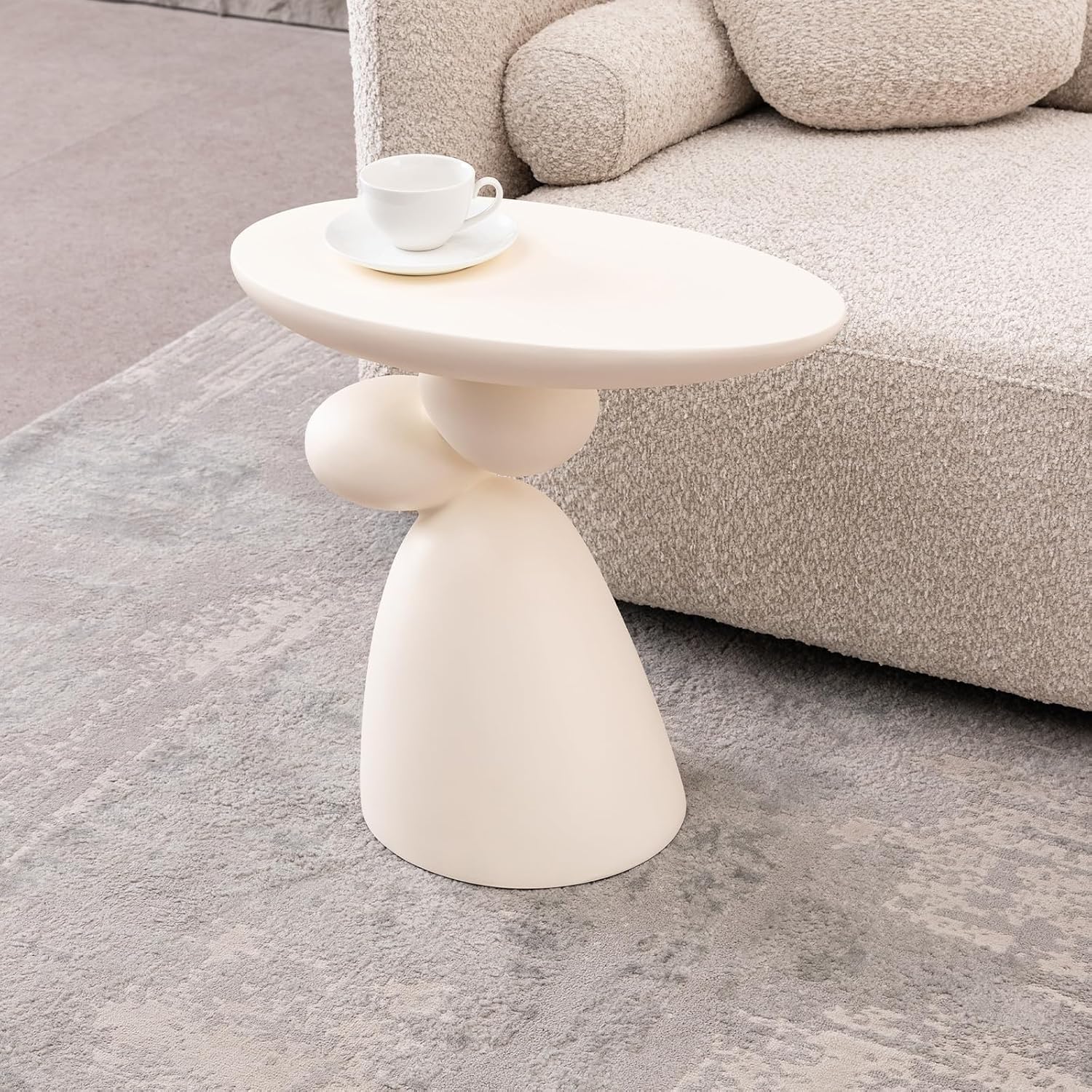 Modern Coffee End Table with Lucky Stone Design, Minimalist Fiberglass Small Side Table, Unique Pedestal Corner Sofa Tables, Home Decor for Living Room Bedroom Office, Milk White