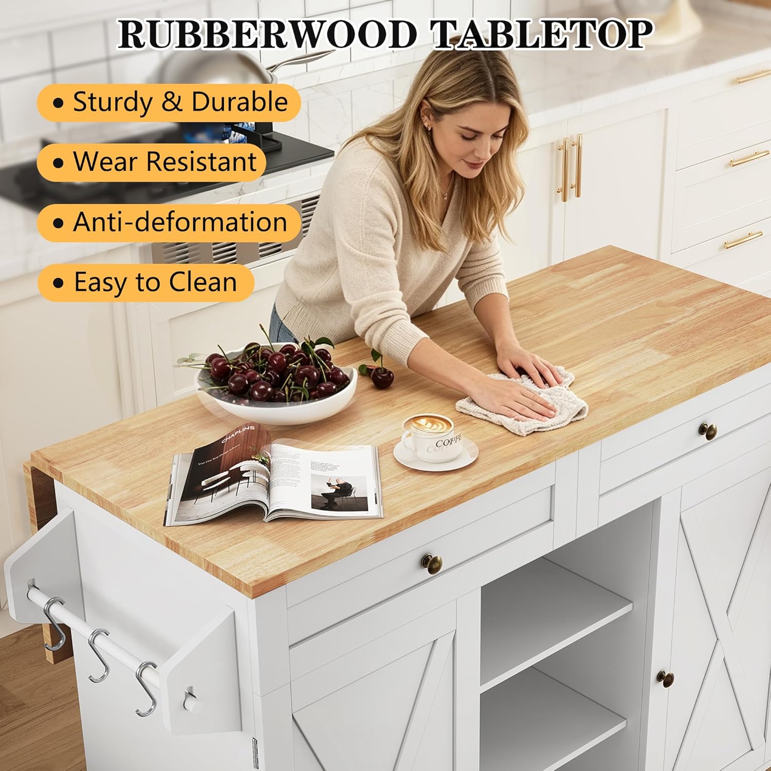 HLR Kitchen Island On Wheels, Rolling Kitchen Island Cart with Drop Leaf Countertop, Barn Door Kitchen Islands Table with Storage Cabinet and Tower Rack, Island Table for Kitchen