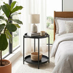 TeoKJ 2 Tier Round Side Table, Folding Round Metal End Table Small Nightstand with Two Removable Tray for Bedroom Living Room Bedside Small Spaces Black