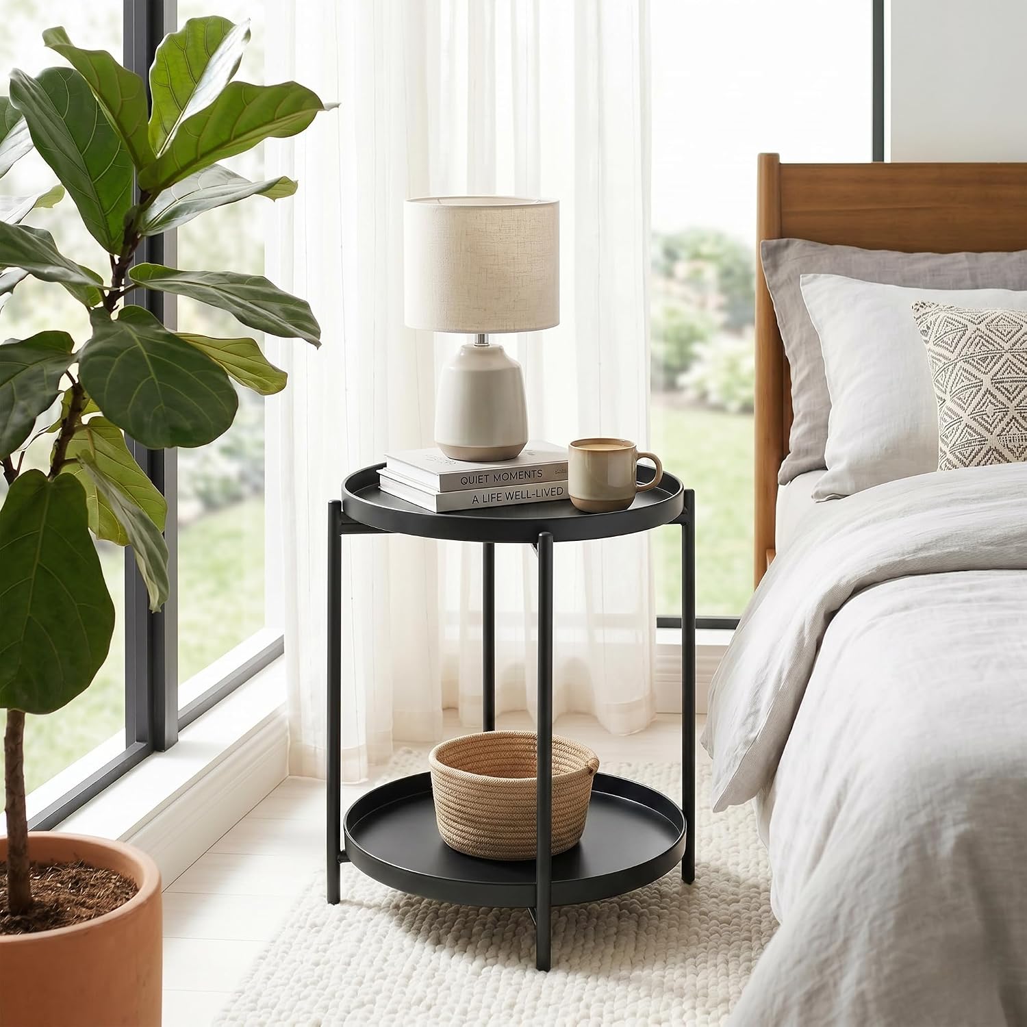 TeoKJ 2 Tier Round Side Table, Folding Round Metal End Table Small Nightstand with Two Removable Tray for Bedroom Living Room Bedside Small Spaces Black