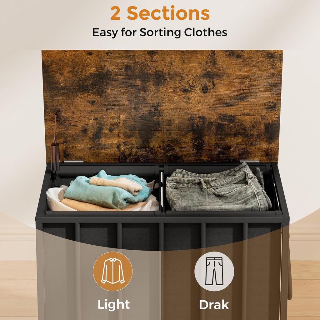 120L Laundry Hamper with Wheels and Lid, Rolling Laundry Basket with Dual Removable Liners, Soft-Close Flip-Top Wooden Lid, Metal Handles, Clothes Organizer for Bedroom and Laundry Room