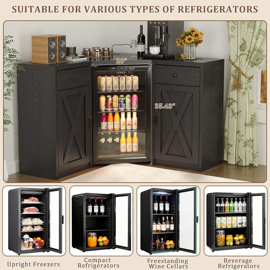 Coffee Bar Cabinet with Fridge Space, Corner Bar Cabinet with Fridge Space, L-Shaped Liquor Wine Cabinet for Home, Mini Fridge Cabinet with Storage for Dining Room, Living Room