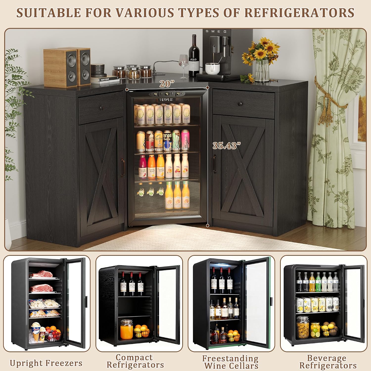 Coffee Bar Cabinet with Fridge Space, Corner Bar Cabinet with Fridge Space, L-Shaped Liquor Wine Cabinet for Home, Mini Fridge Cabinet with Storage for Dining Room, Living Room