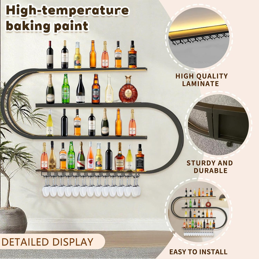 71in Large Wine Rack with LED Light, Half Round Wall Mounted Wine Rack, 4-Tiers Liquor Bottles Floating Shelves Display Storage for Home Bar Dining Room(Black, 71 * 7.87 * 47.2INCH)
