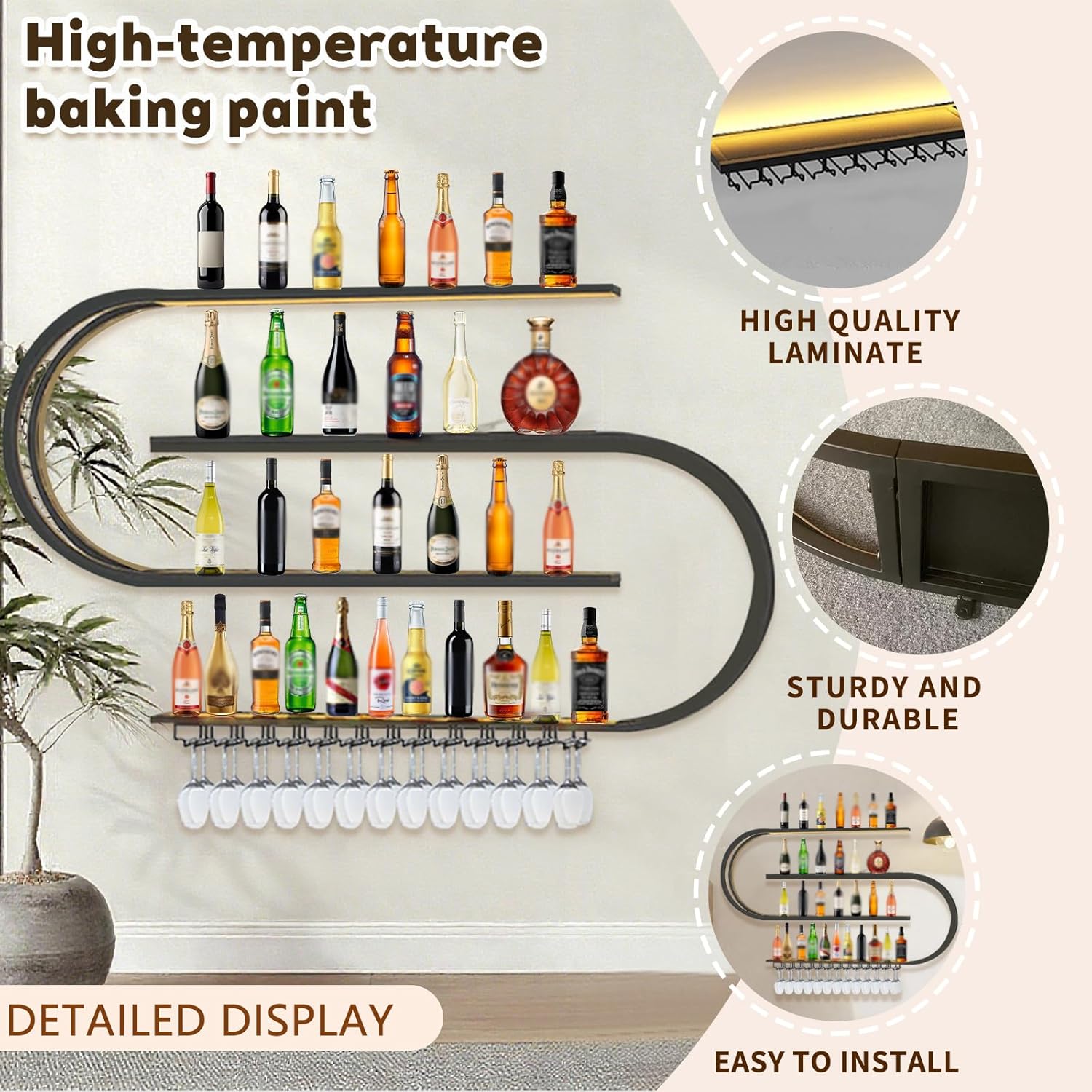 71in Large Wine Rack with LED Light, Half Round Wall Mounted Wine Rack, 4-Tiers Liquor Bottles Floating Shelves Display Storage for Home Bar Dining Room(Black, 71 * 7.87 * 47.2INCH)