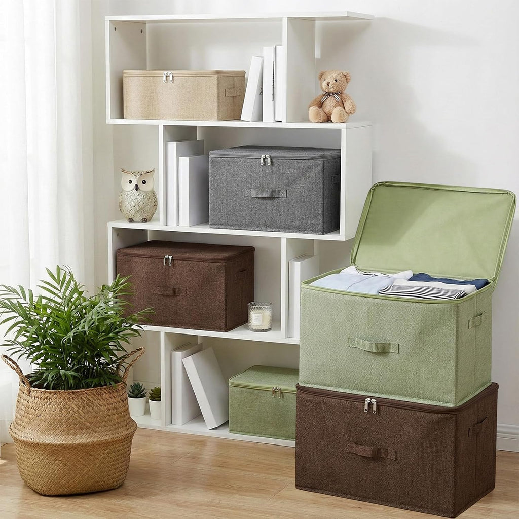 ANMINY 2PCS Storage Bins with Zipper Lids 36 Qt Lidded Fabric Storage Boxes Baskets Cubes with Handles Collapsible Washable Cotton Linen Closet Shelf Clothes Organizer Containers - Beige, Large