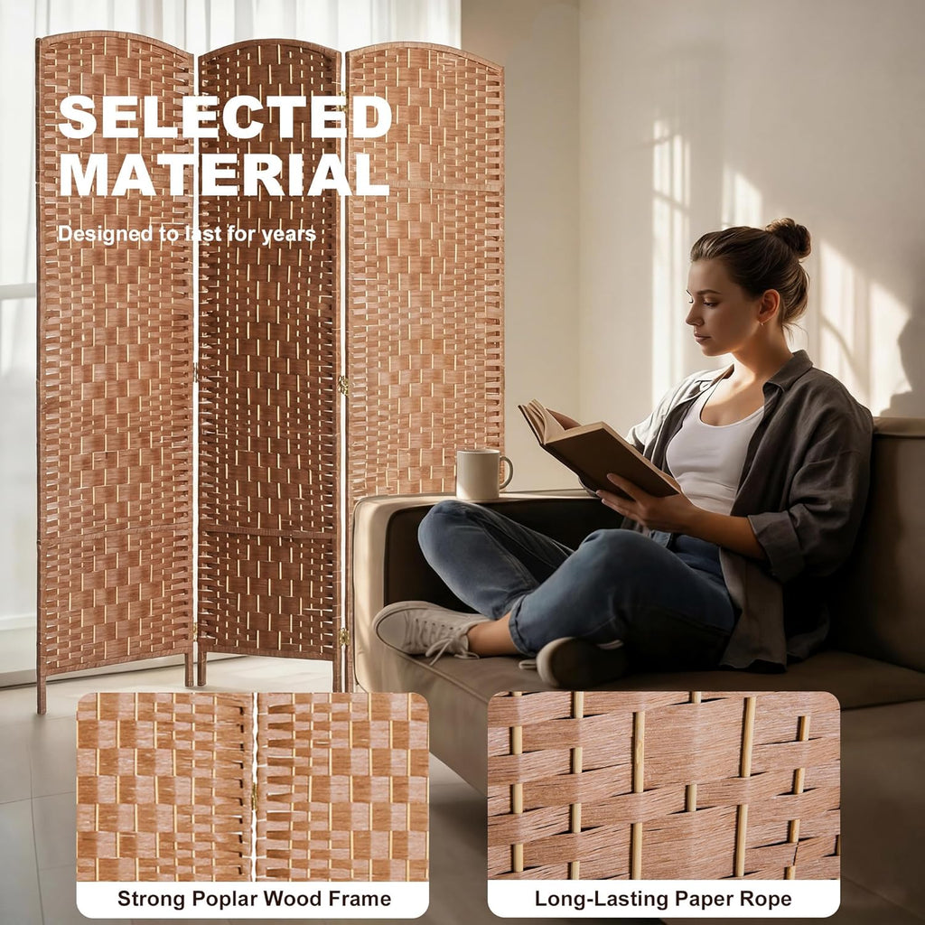 HOMCOM Room Divider 3 Panel, 6FT Tall Folding Privacy Screen, Freestanding Hand-Woven Partition for Room Separation with 360° Hinges, Paper Rope Diamond Weave, Natural