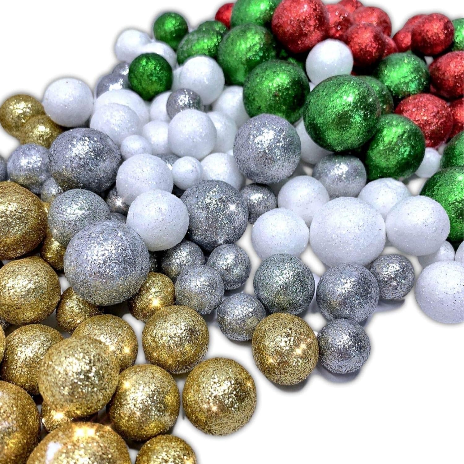Multi Colored Glitter Foam Vase Fillers, 5 Bag Set – Silver, Red, Green, Gold & White Decorative Foam Balls, 3/8"–3/4", Bowl Fillers, Centerpiece Filler, Party Décor, Christmas & Holiday Craft Balls