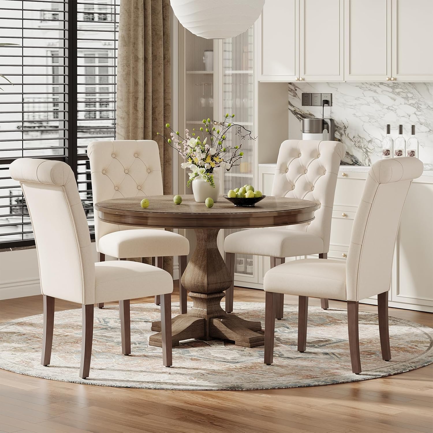 MALOL Upholstered Tufted Dining Room Chairs Set of 4, Parsons Kitchen Chairs with Padded Seat and Solid Wood Legs, Fabric Accent Side Diner Chair for Dining Room/Kitchen/Living Room, Beige