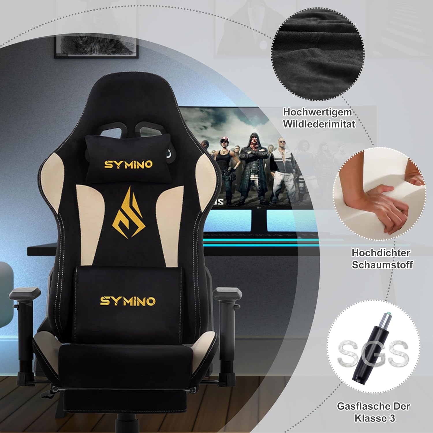 Symino Gaming Chair, Two-Tone Design, Wraparound Seat, Lumbar & Head Support, 150° Tilt, Class 3 SGS Gas, 330 lbs (Faux Suede, Black Beige)