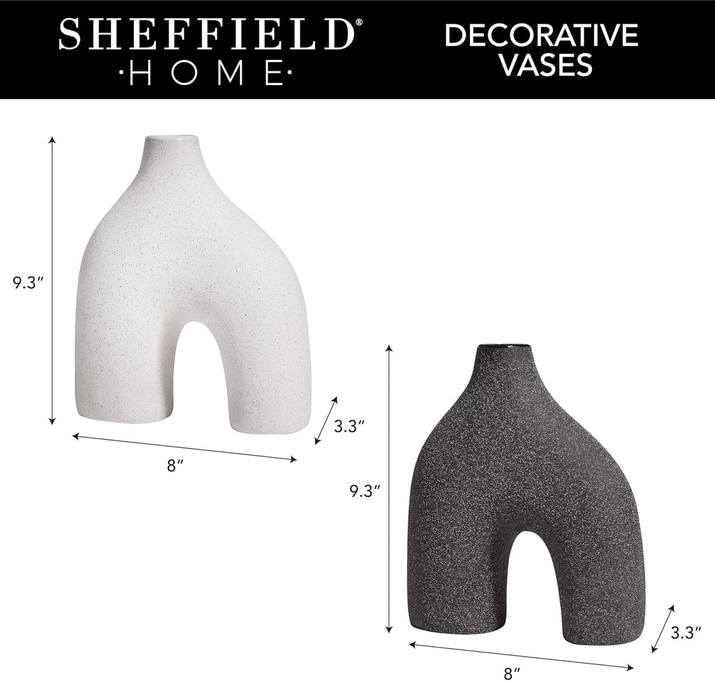 Modern Round U-Shaped Vase Set of 2-8"x3.35"x9.3" Stoneware Sand Graze Hollow Flower Vases for Home Decor - Cute Vases for Centerpieces, Living Room, Office & Entryway Display (Black & White)