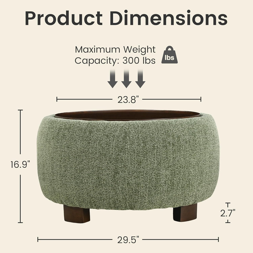 VKNOW 30" Round Storage Ottoman, Ottoman Coffee Table with Removable Wood Top and Solid Wood Legs for Living Room, Bedroom, Apartments(Green)