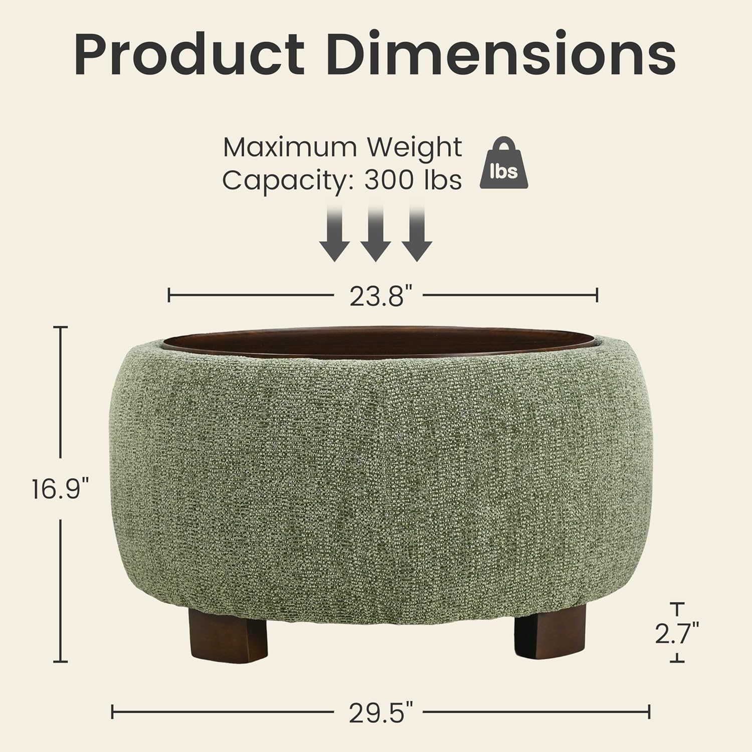 VKNOW 30" Round Storage Ottoman, Ottoman Coffee Table with Removable Wood Top and Solid Wood Legs for Living Room, Bedroom, Apartments(Green)