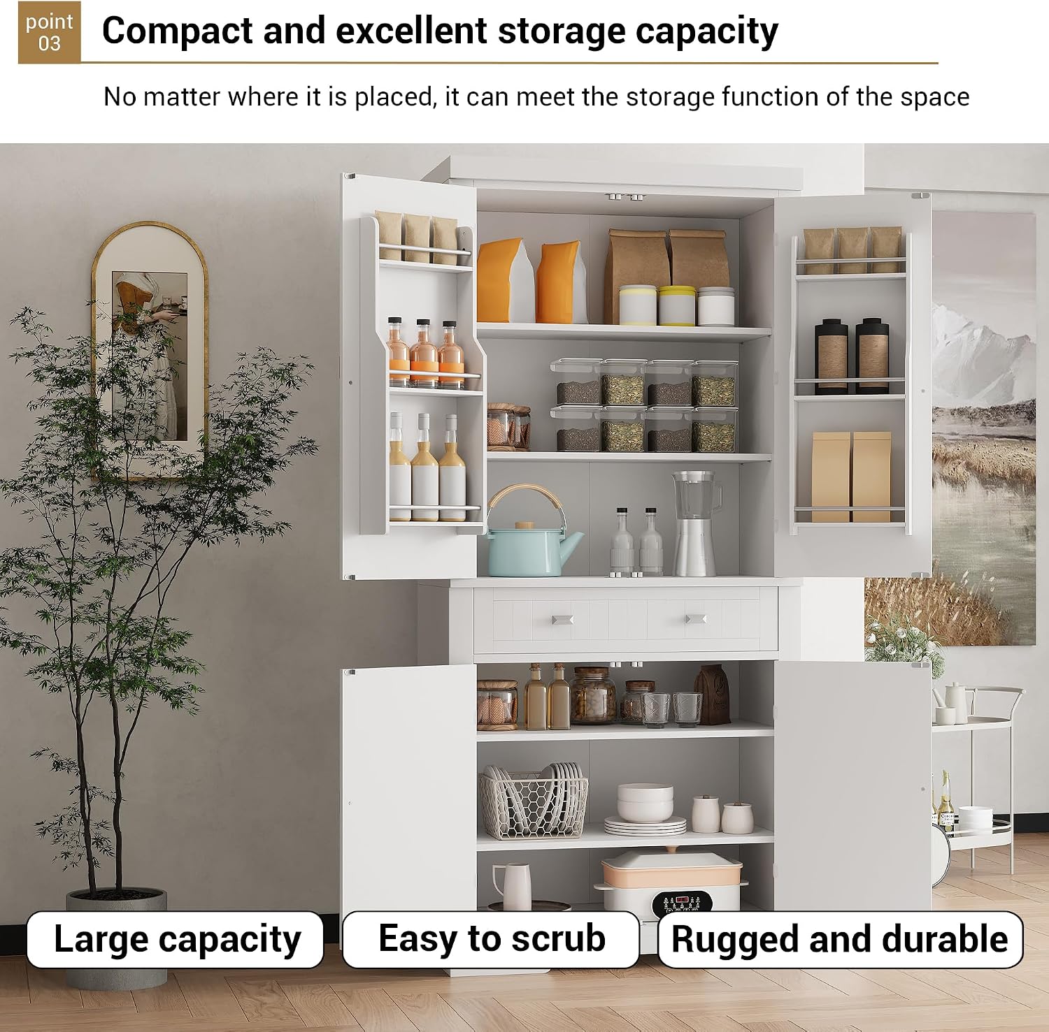 72 Inch Food Pantry Cabinet, Modern White Wood Kitchen Storage Cabinet with Door Shelves & Drawer, Freestanding Cupboard for Dining Room, Living Room, Apartments