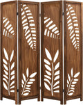 Giantex Boho Rustic Room Divider, 4 Panel Carved Leaf Folding Wood Screen, Fully Assembled, 67'' Freestanding Privacy Partition Decorative Wall, Foldable Room Separator for Bedroom, Rustic Brown