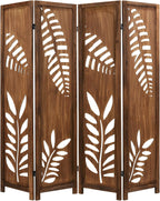 Giantex Boho Rustic Room Divider, 4 Panel Carved Leaf Folding Wood Screen, Fully Assembled, 67'' Freestanding Privacy Partition Decorative Wall, Foldable Room Separator for Bedroom, Rustic Brown