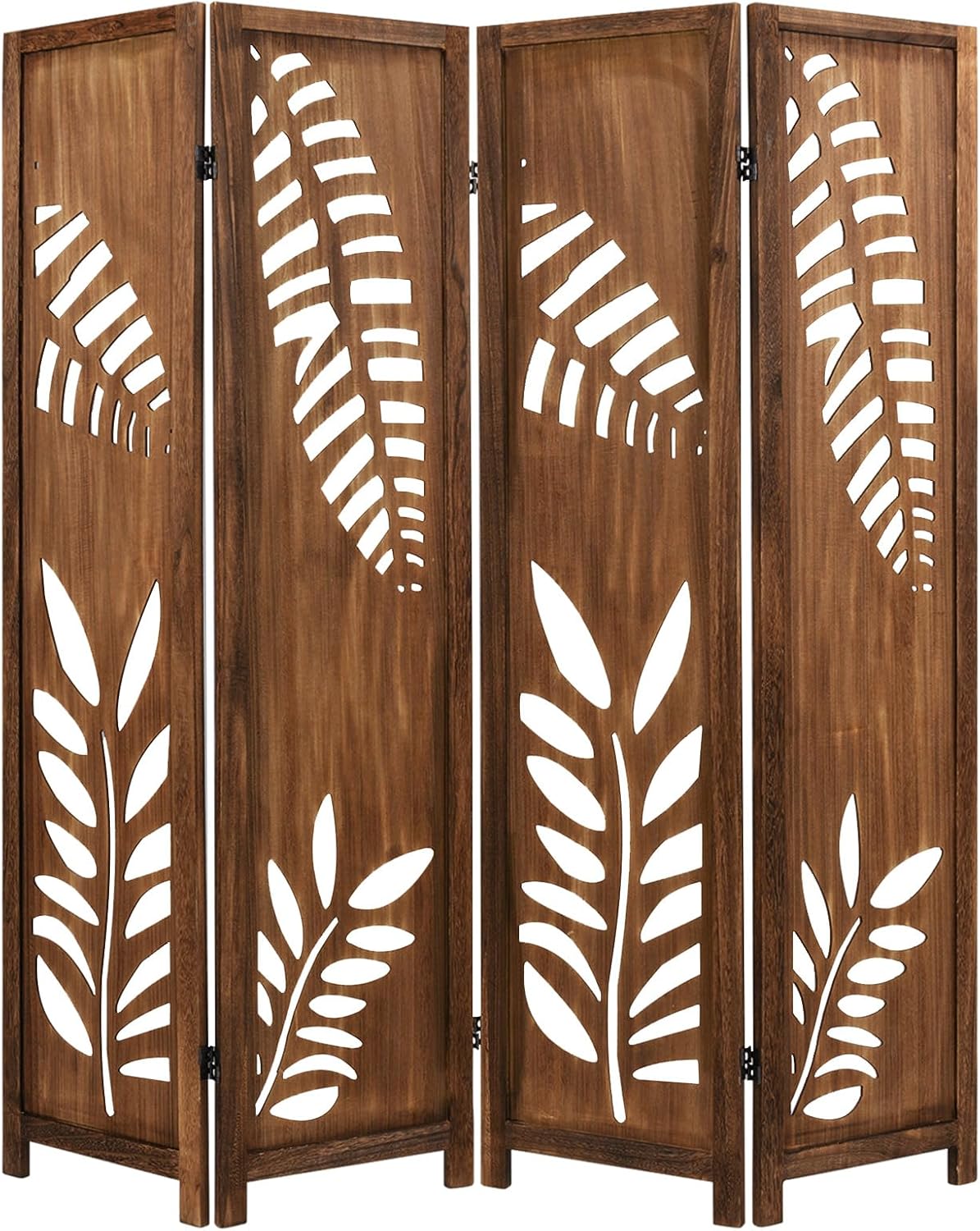 Giantex Boho Rustic Room Divider, 4 Panel Carved Leaf Folding Wood Screen, Fully Assembled, 67'' Freestanding Privacy Partition Decorative Wall, Foldable Room Separator for Bedroom, Rustic Brown
