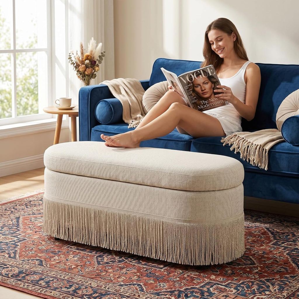 39.4“ Boho Storage Ottoman Bench with Tassels, Linen Upholstered Ottoman with Storage, Oval End of Bed Bench, Entryway Foot Rest for Bedroom, Lift-Top Lid with Safety Hinge, Living Room, Beige