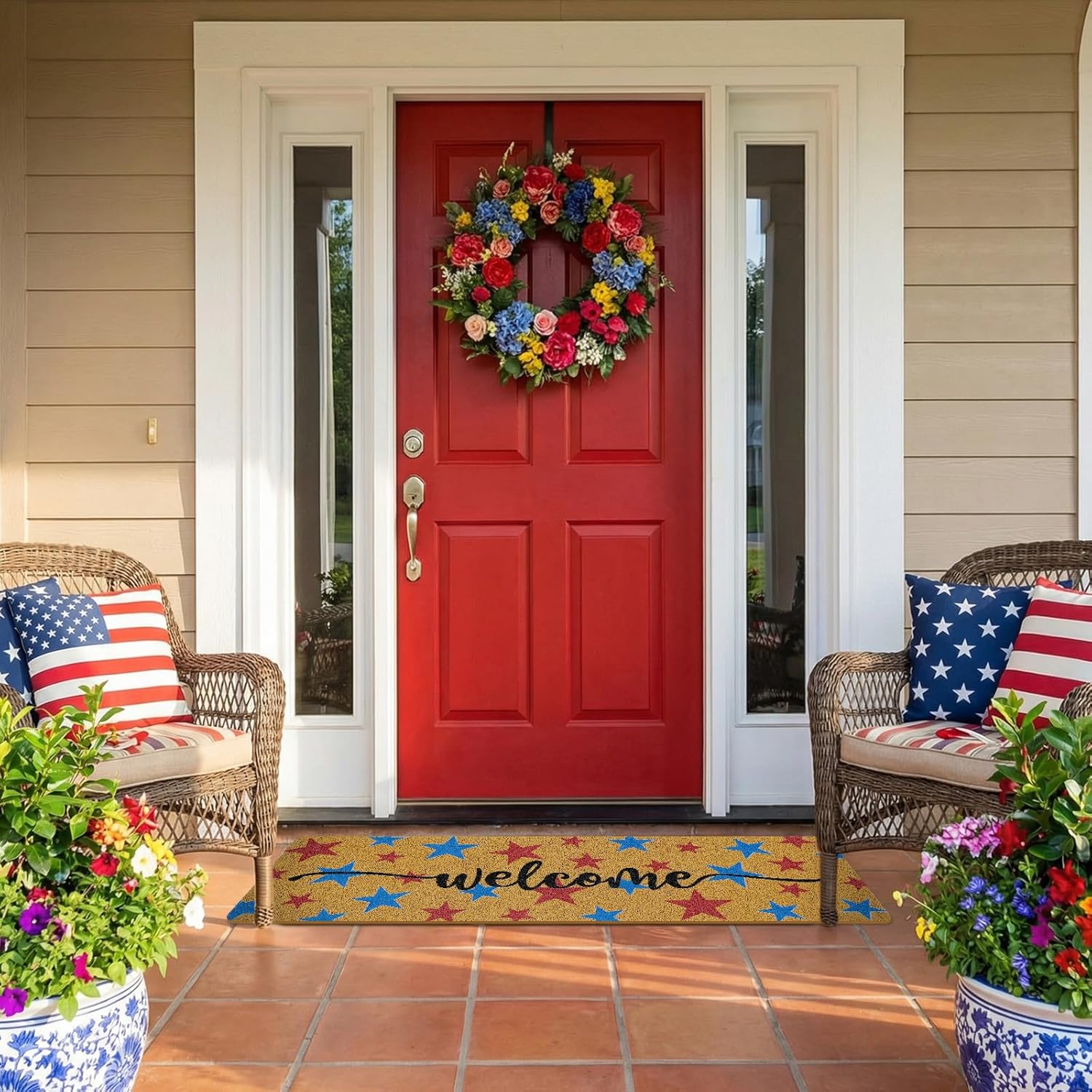 Long Doormat 48x 16 inch Front Door Mat 4th of July Doormat Patriotic Door Mat Red Blue Star Welcome Mat for 250th Anniversary Independence Day Front Door Porch Entrance Decor