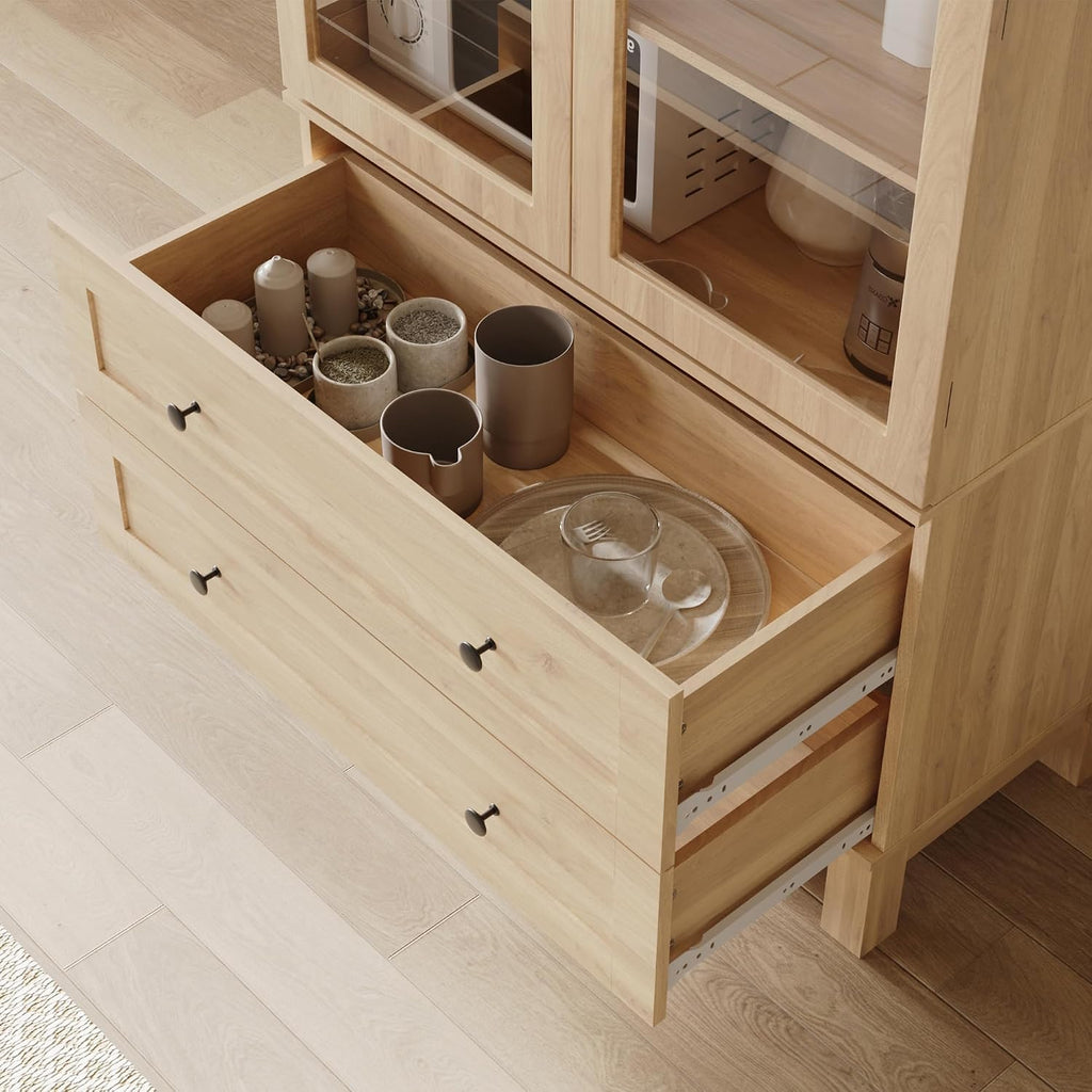 Furnify 71" Tall Arched Kitchen Pantry, Wood Pantry Cabinet with 2 Large Drawers and Glass Doors, Modern Farmhouse Versatile Cupboard for Kitchen, Dining Room, Living Room, Natrual