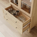 Furnify 71" Tall Arched Kitchen Pantry, Wood Pantry Cabinet with 2 Large Drawers and Glass Doors, Modern Farmhouse Versatile Cupboard for Kitchen, Dining Room, Living Room, Natrual