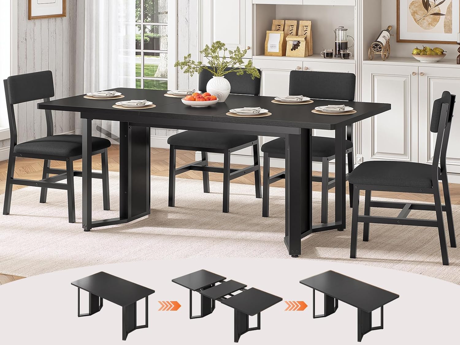 Itaar 5-Piece Dining Table Set for 4-6 People, 63" Extendable Kitchen Table and 4 Cushion Chairs, Dining Room Table with MDF Board & Metal Frame for Small Space, Easy Clean, Black
