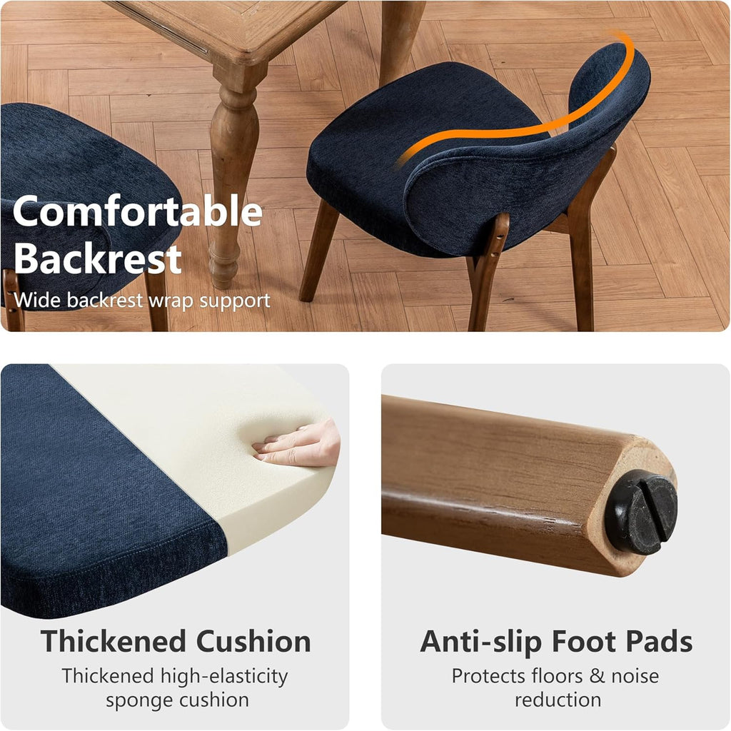 YOUNIKE Dining Chair with Back Single Mid Century Modern Kitchen Chair Boucle Fabric Upholstered Armless Chair 20" Wide Padded Seat with Wooden Legs for Kitchen Dining Living Room Bedroom Navy Blue