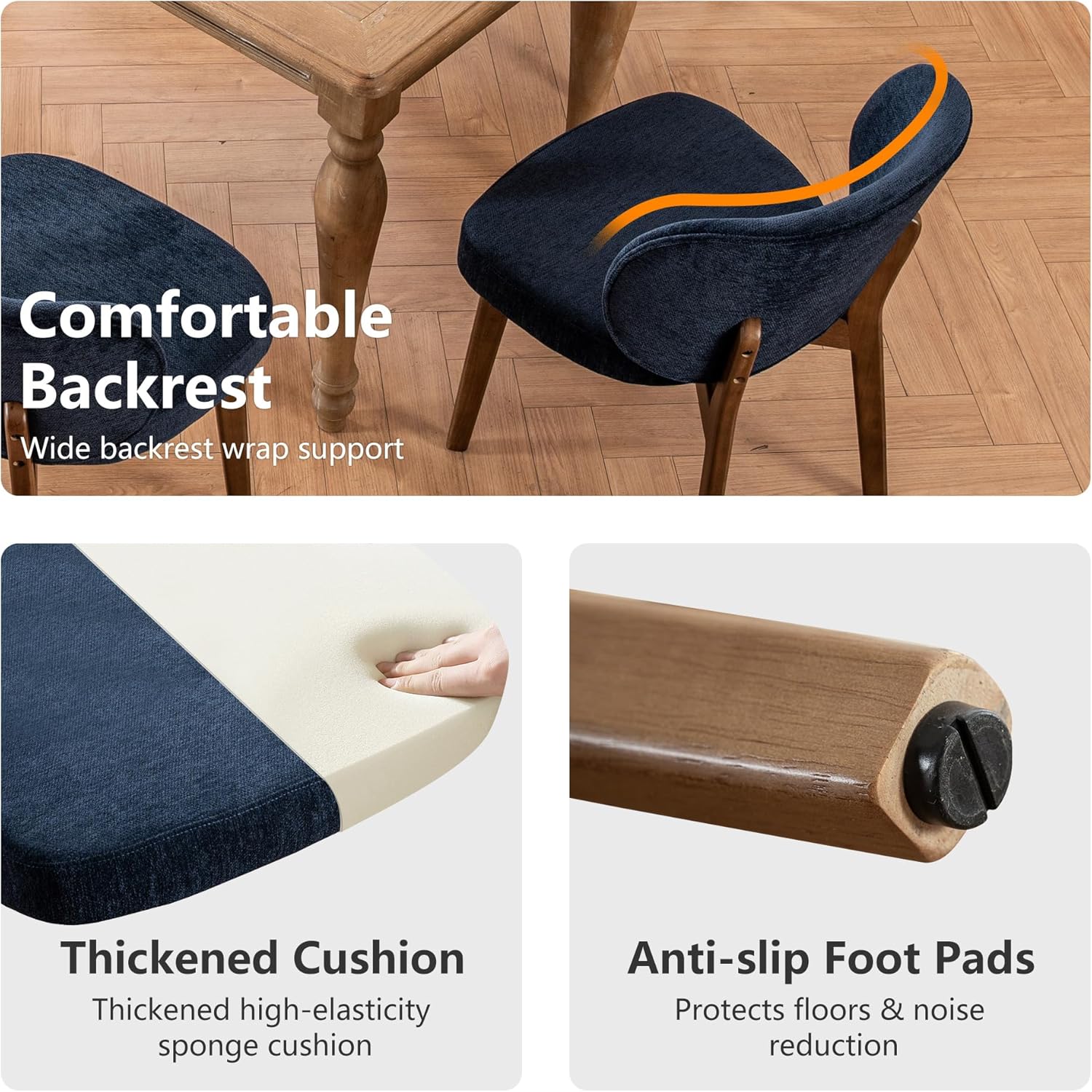 YOUNIKE Dining Chairs Set of 6 Mid Century Modern Kitchen Chair with Back Boucle Fabric Upholstered Armless Chair 20" Wide Padded Seat with Wooden Legs for Kitchen Dining Living Room Bedroom Navy Blue
