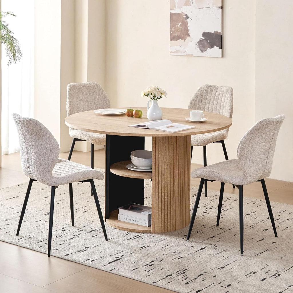 47" Round Dining Table Set for 4 Modern Storage Kitchen Table with 4 Boucle Upholstered Chairs for Dining Living Room Home Small Space(Natural Table with Beige Chairs)