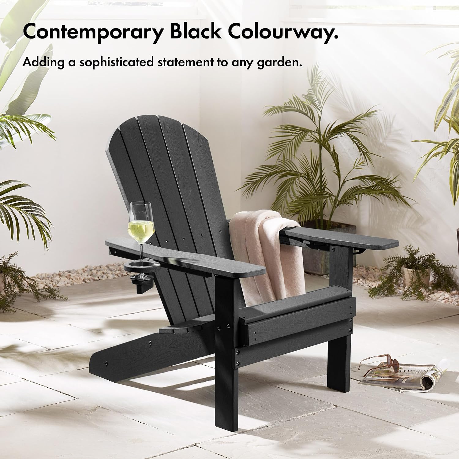 VonHaus Black Adirondack Chair Set of 2 - Reclining Slatted Style Garden Chair with Pull-out Footrest - Durable Weather Resistant HDPE Plastic Outdoor Armchair for Patio & Decking - Westport